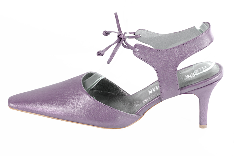Lilac purple women's open back shoes, with an instep strap. Tapered toe. High slim heel. Profile view - Florence KOOIJMAN